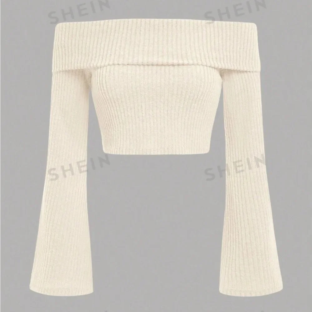 SHEIN White Off the Shoulder Cropped Sweater with Flare Sleeves, Size XL